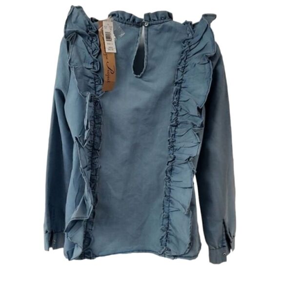 Chambray Ruffle Long Sleeves Denim Top - Picture 5 of 13